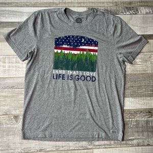 Mens Life is Good Crusher Tee Tshirt Sz L GUC Patriotic Flag Land that I Love